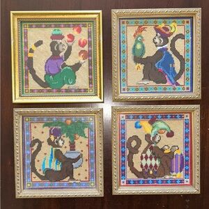 (4) Framed Needlepoint Monkeys Juggler Jester Parrot Palm 6.25” Square